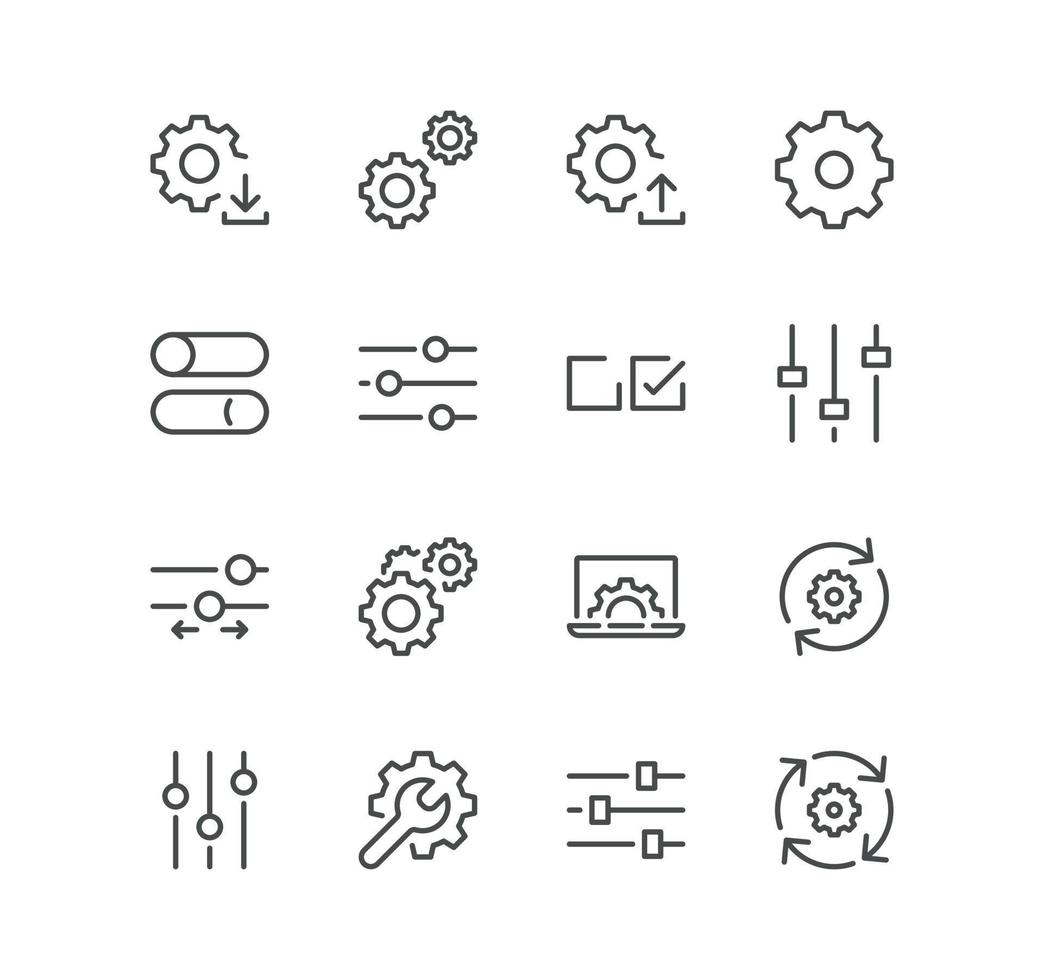 Set of setup and settings related icons, installation, wizard, restore options, download, upload and linear variety vectors. vector