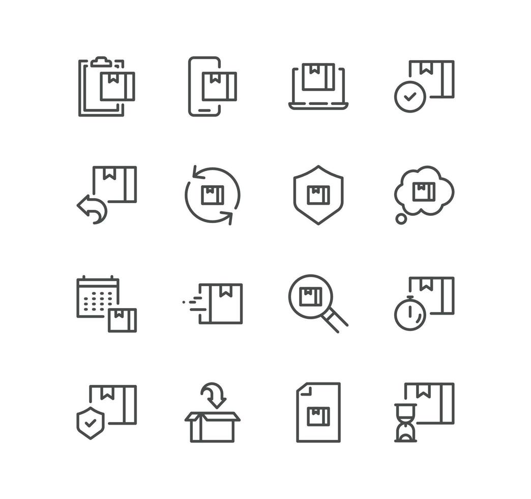 Set of delivery related icons, delivery date, courier, warehouse, return search parcel, fast shipping and linear variety vectors. vector
