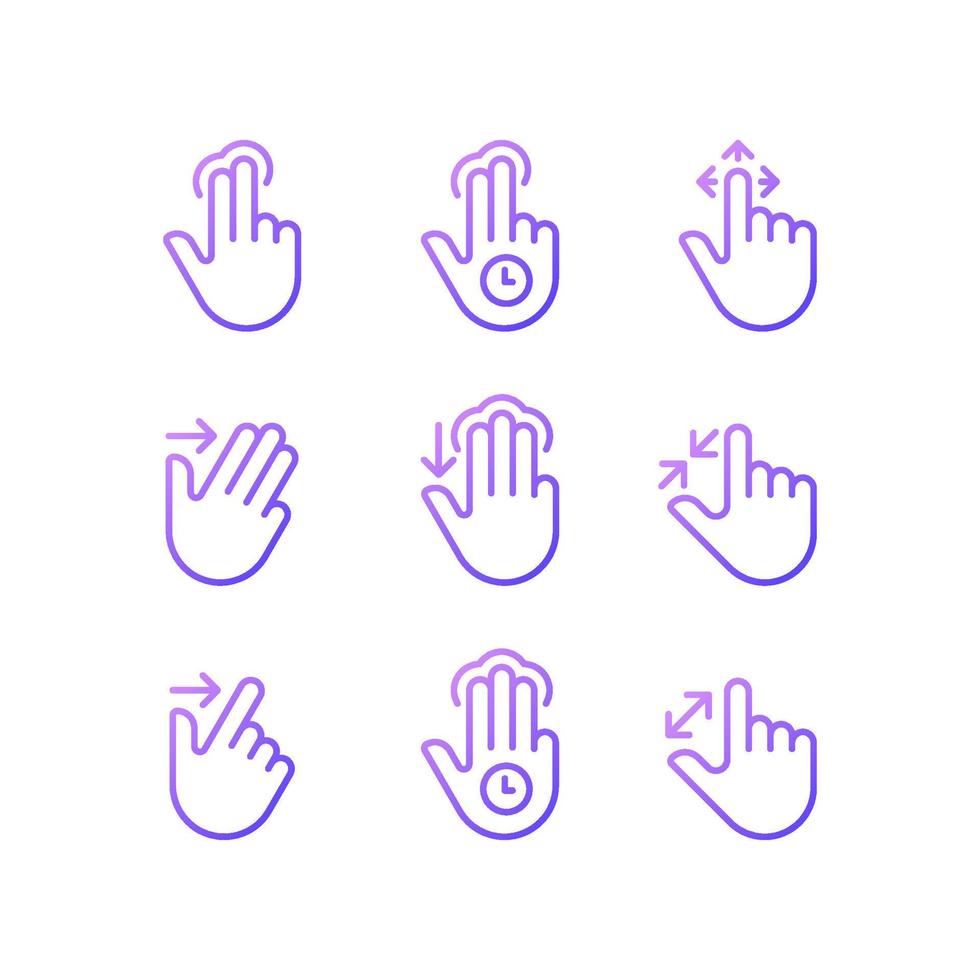 Multitouch gestures gradient linear vector icons set. Touchscreen control. Tablet and phone navigation. Thin line contour symbol designs bundle. Isolated outline illustrations collection