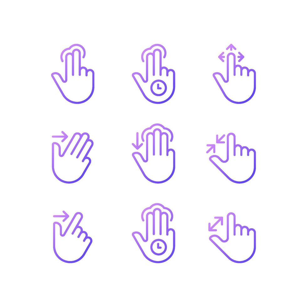 Multitouch gestures gradient linear vector icons set. Touchscreen control. Tablet and phone navigation. Thin line contour symbol designs bundle. Isolated outline illustrations collection