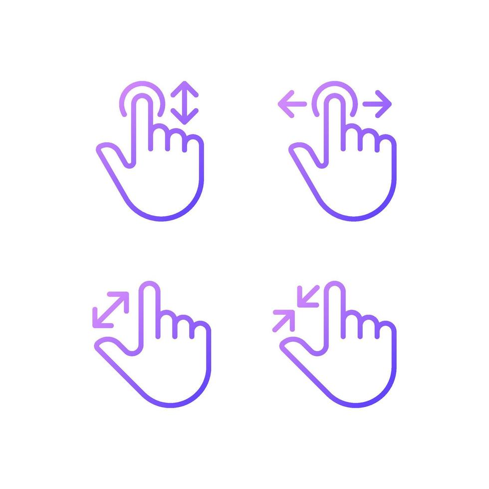 Scrolling and zooming gestures gradient linear vector icons set. Touchscreen control. Electronic device navigation. Thin line contour symbol designs bundle. Isolated outline illustrations collection