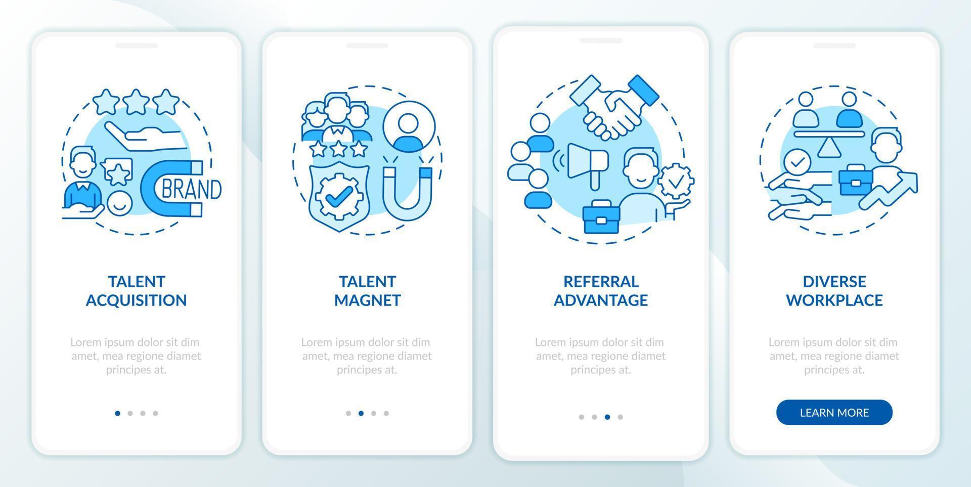 HR branding blue onboarding mobile app screen. Talent engagement walkthrough 4 steps editable graphic instructions with linear concepts. UI, UX, GUI template vector