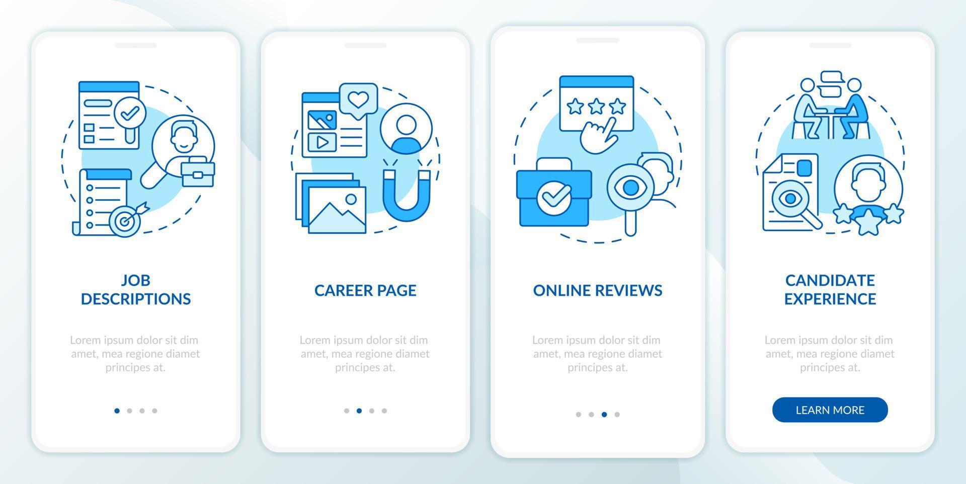 Recruitment blue onboarding mobile app screen. Finding talent walkthrough 4 steps editable graphic instructions with linear concepts. UI, UX, GUI template vector