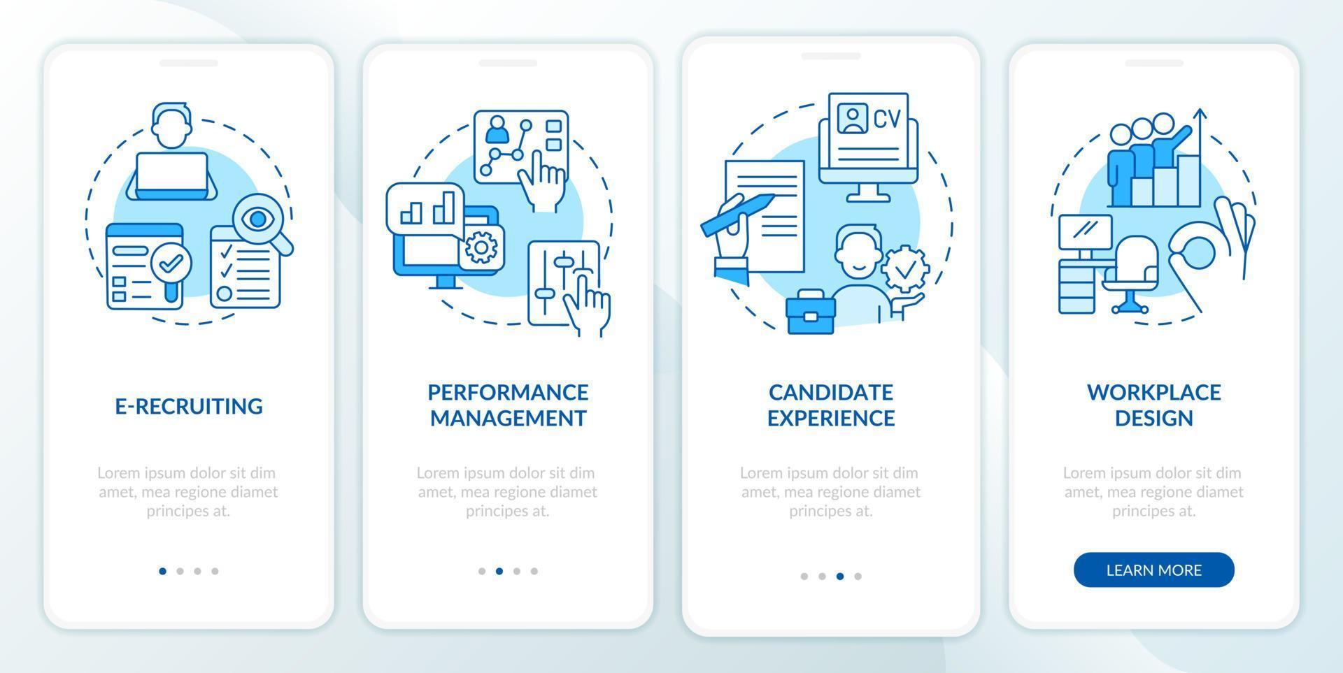 Recruiting methods blue onboarding mobile app screen. HR system walkthrough 4 steps editable graphic instructions with linear concepts. UI, UX, GUI template vector