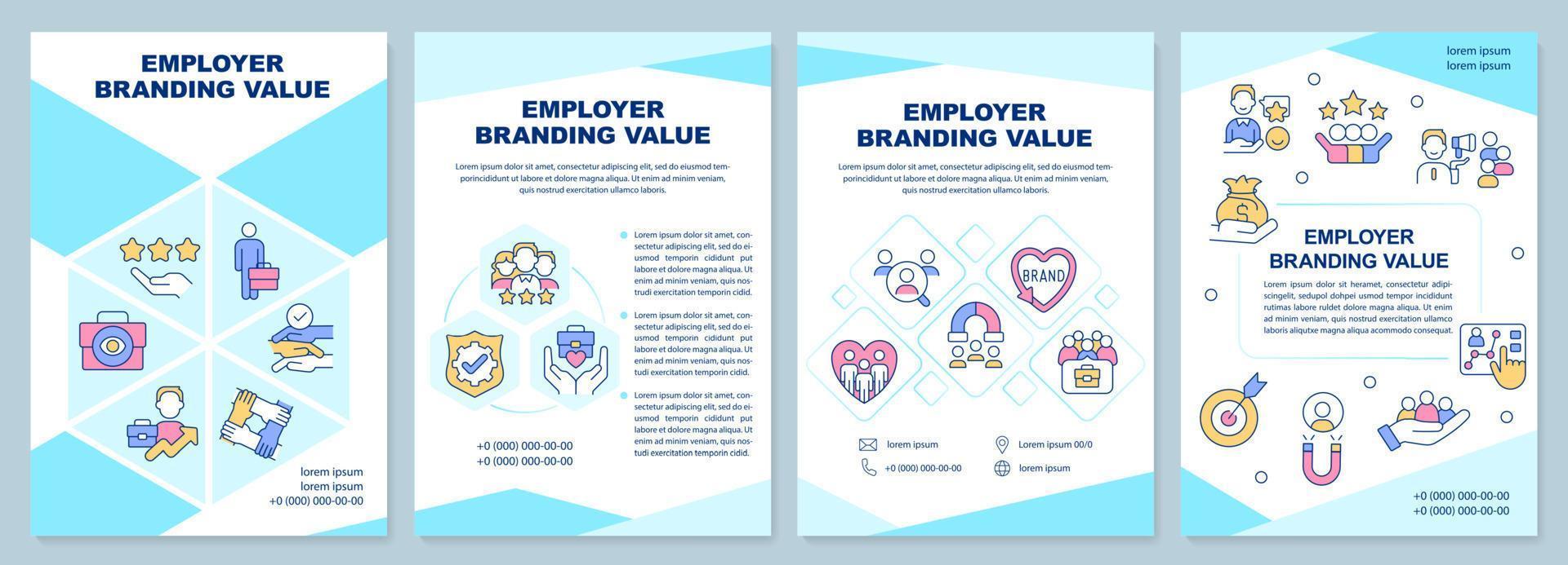 Employer branding value blue brochure template. Happy workers. Leaflet design with linear icons. Editable 4 vector layouts for presentation, annual reports