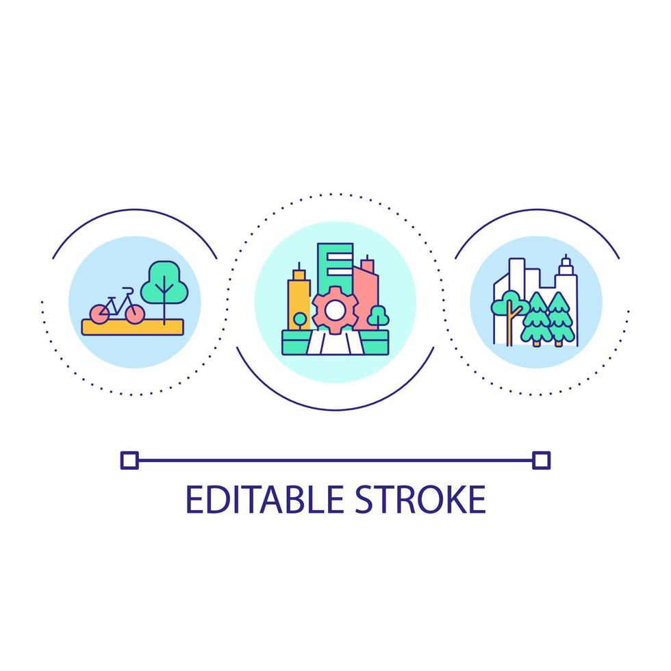 Different purpose areas in city loop concept icon. Development of urban site. Comfortable life abstract idea thin line illustration. Isolated outline drawing. Editable stroke vector