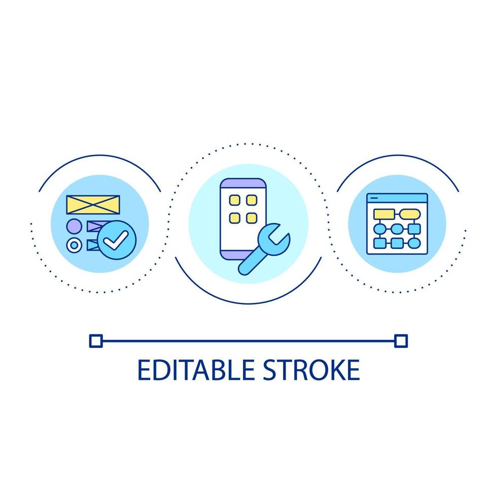 Mobile app interface building loop concept icon. Choosing elements of UI. Build program algorithm abstract idea thin line illustration. Isolated outline drawing. Editable stroke vector