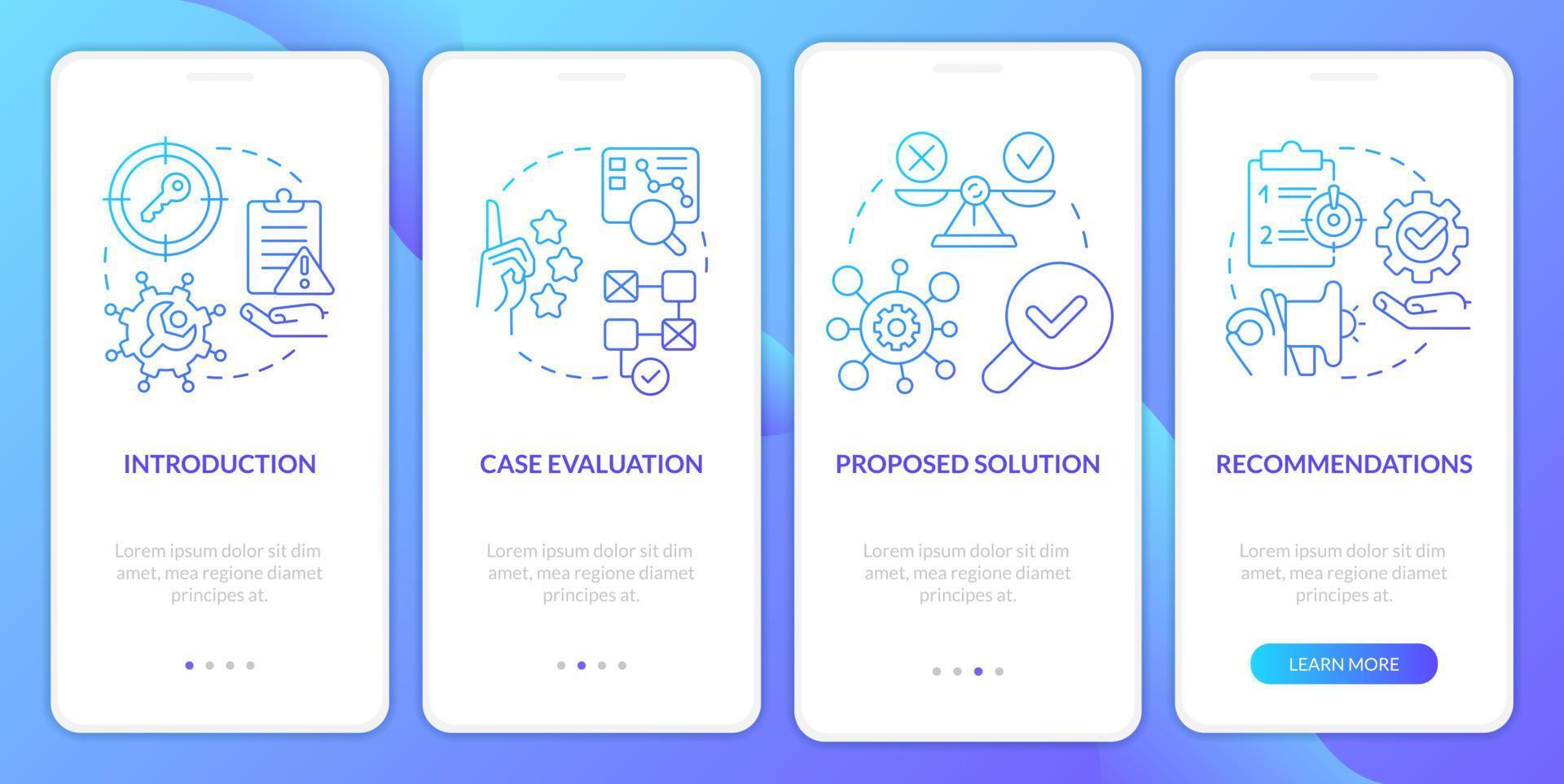 Case drafting blue gradient onboarding mobile app screen. Studying plan walkthrough 4 steps graphic instructions with linear concepts. UI, UX, GUI template vector