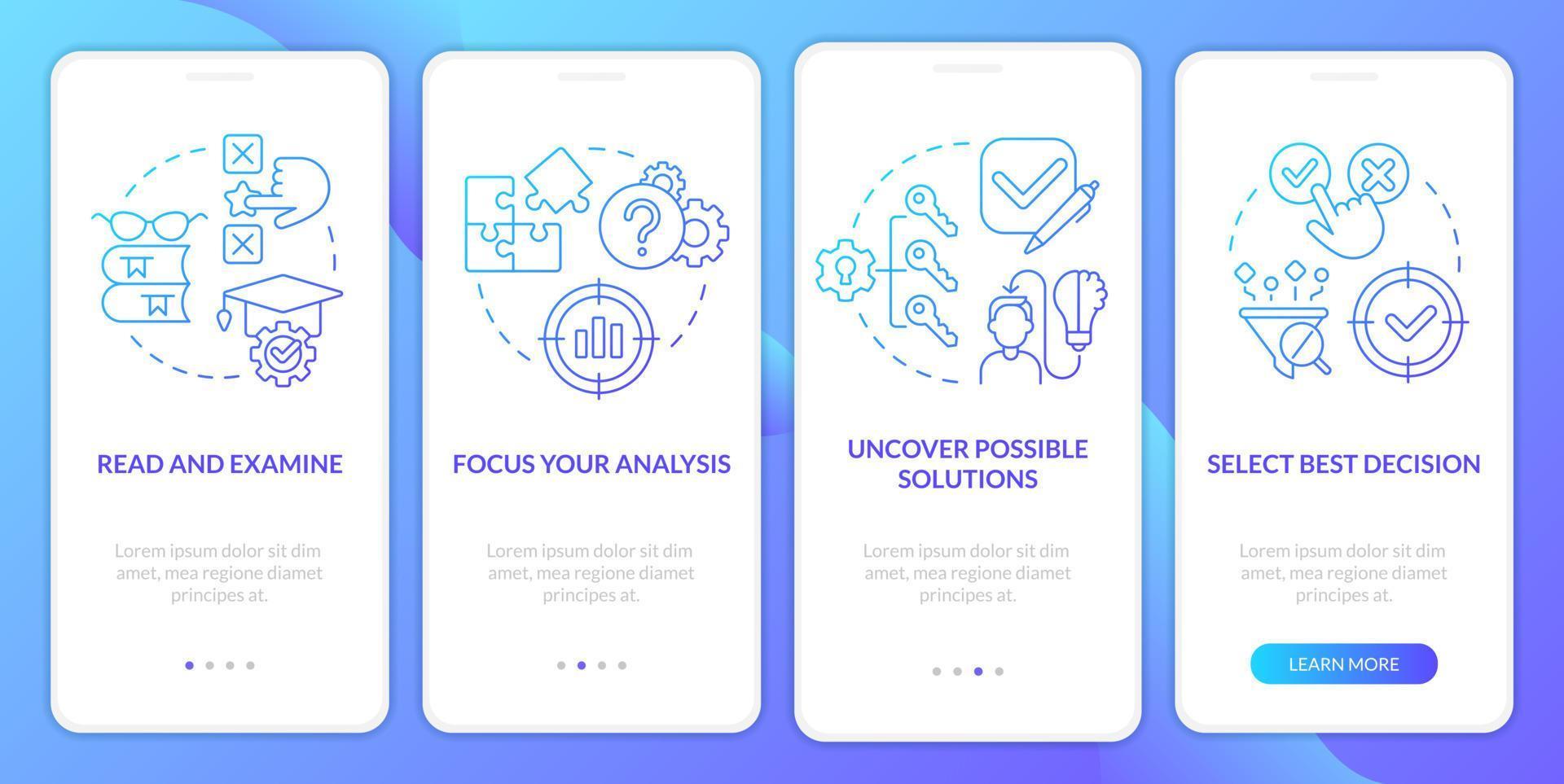 estructura de caso estudiar azul degradado inducción móvil aplicación pantalla. investigación recorrido 4 4 pasos gráfico instrucciones con lineal conceptos. ui, ux, gui modelo vector