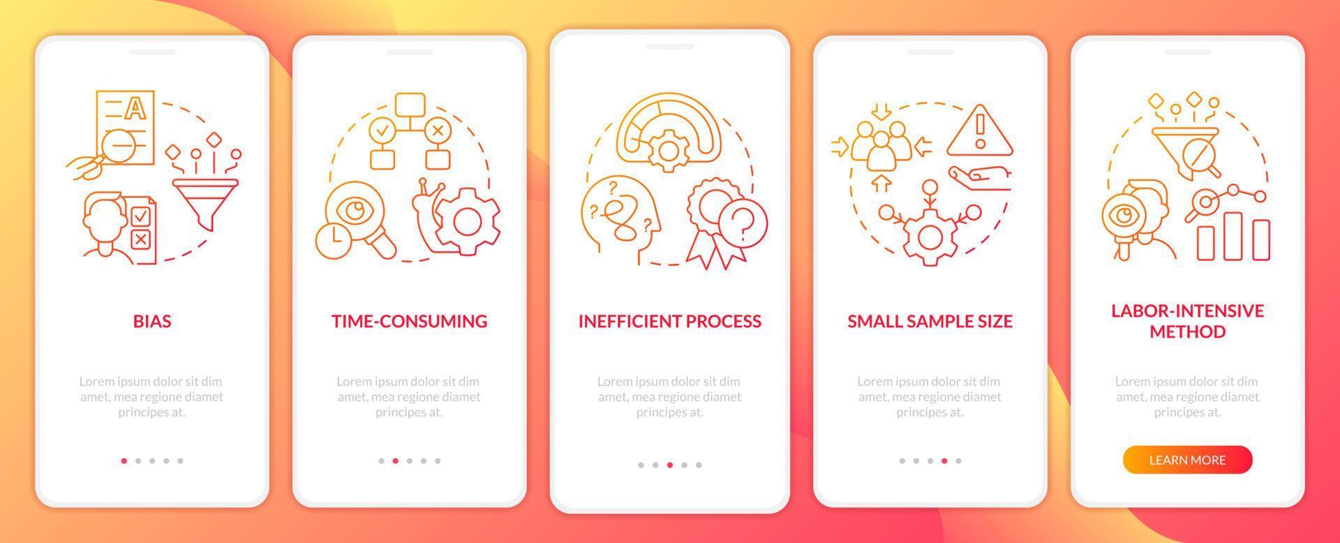 Disadvantages of case study red gradient onboarding mobile app screen. Issues walkthrough 5 steps graphic instructions with linear concepts. UI, UX, GUI template vector