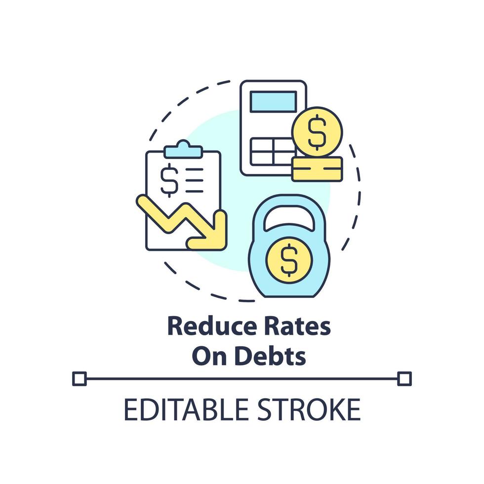 reducir tarifas en deudas concepto icono. bajo interesar tasa. presupuesto para inflación resumen idea Delgado línea ilustración. aislado contorno dibujo. editable carrera vector
