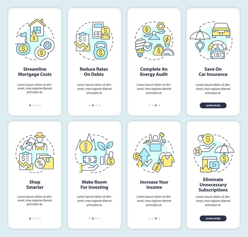 Financial planning for inflation onboarding mobile app screen set. Walkthrough 4 steps editable graphic instructions with linear concepts. UI, UX, GUI template vector