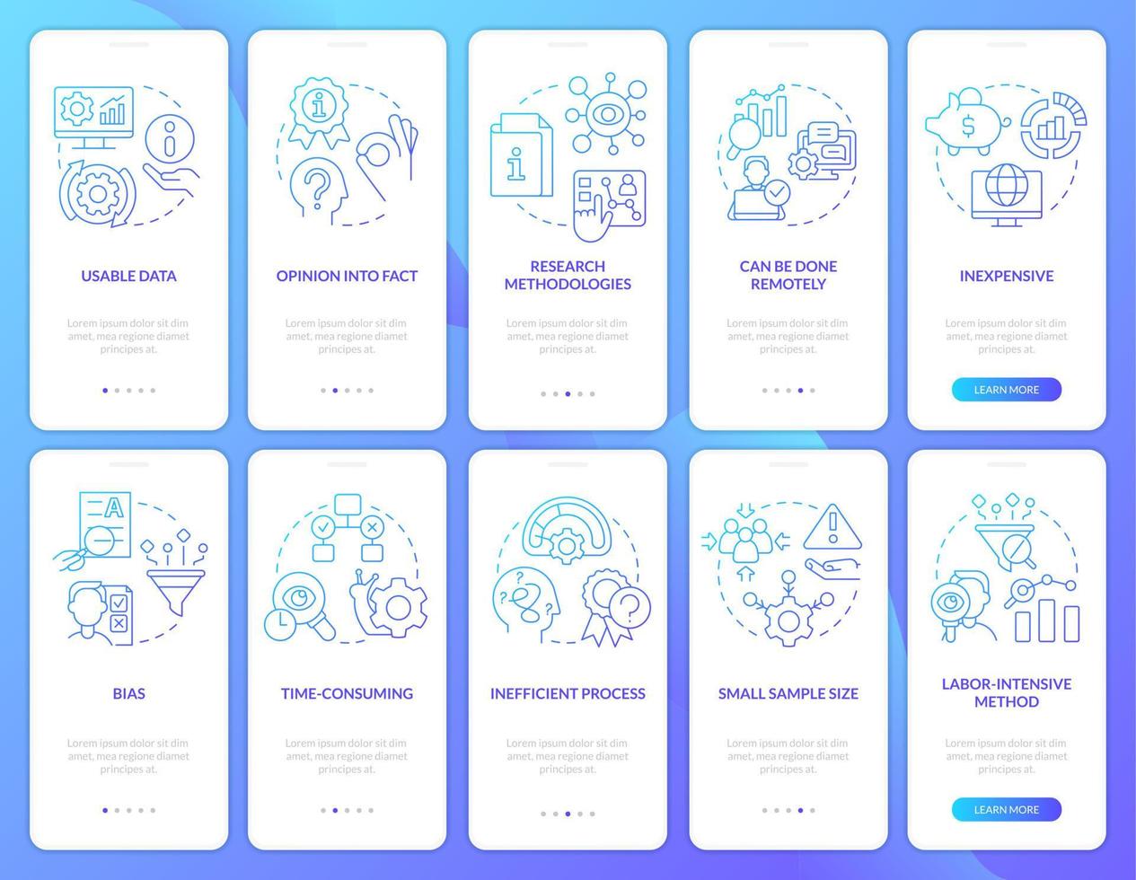 Pros and cons of case study blue gradient onboarding mobile app screen set. Walkthrough 5 steps graphic instructions with linear concepts. UI, UX, GUI template vector