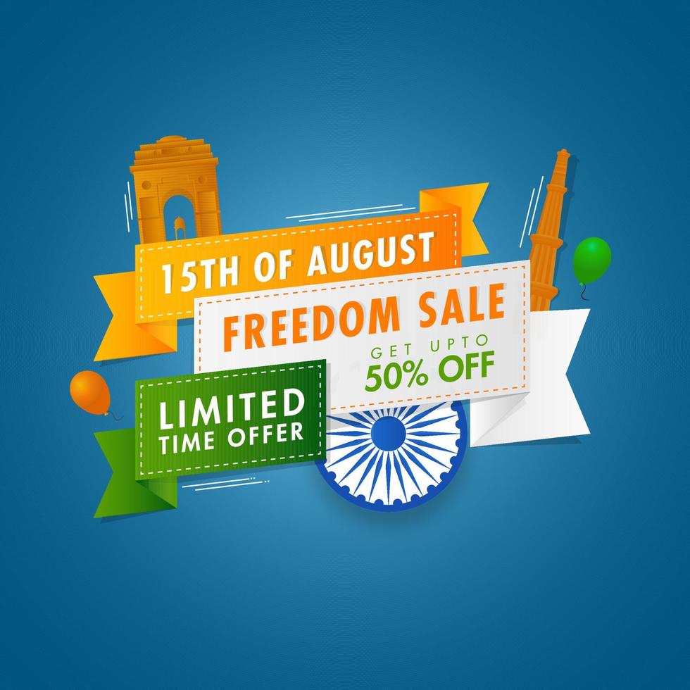 15th Of August Freedom Sale Ribbon in Tricolor with Discount Offer, Ashoka Wheel and India Famous Monuments on Blue Background. vector