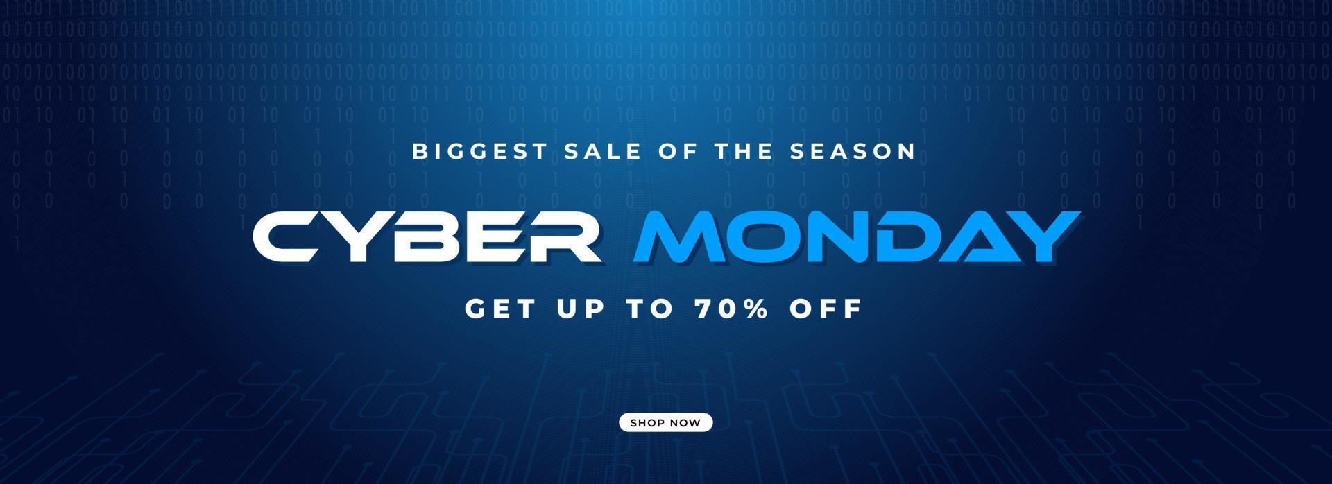 Biggest Sale Of The Season Cyber Monday Header or Banner Design with Discount Offer on Blue Binary Code and Circuit Board Background. vector