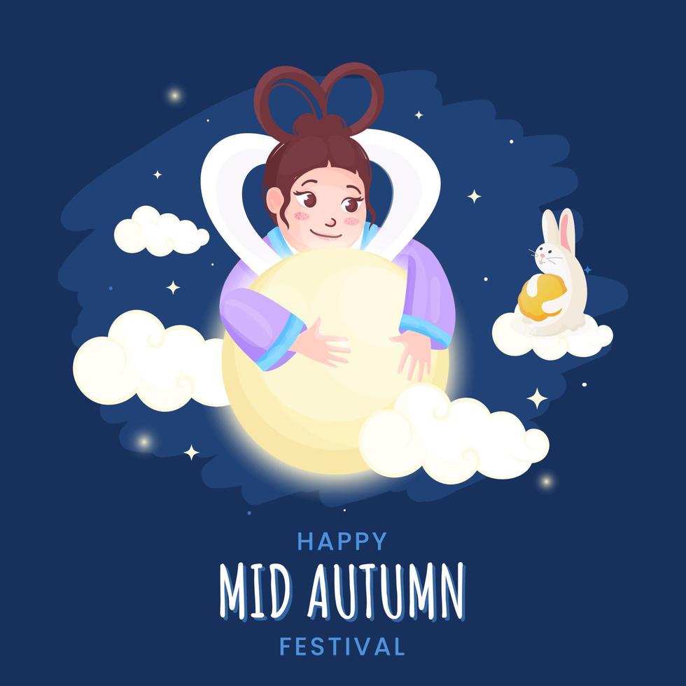 chino diosa de Luna con dibujos animados conejito participación Pastel de luna y nubes decorado en azul antecedentes para contento medio otoño festival. vector