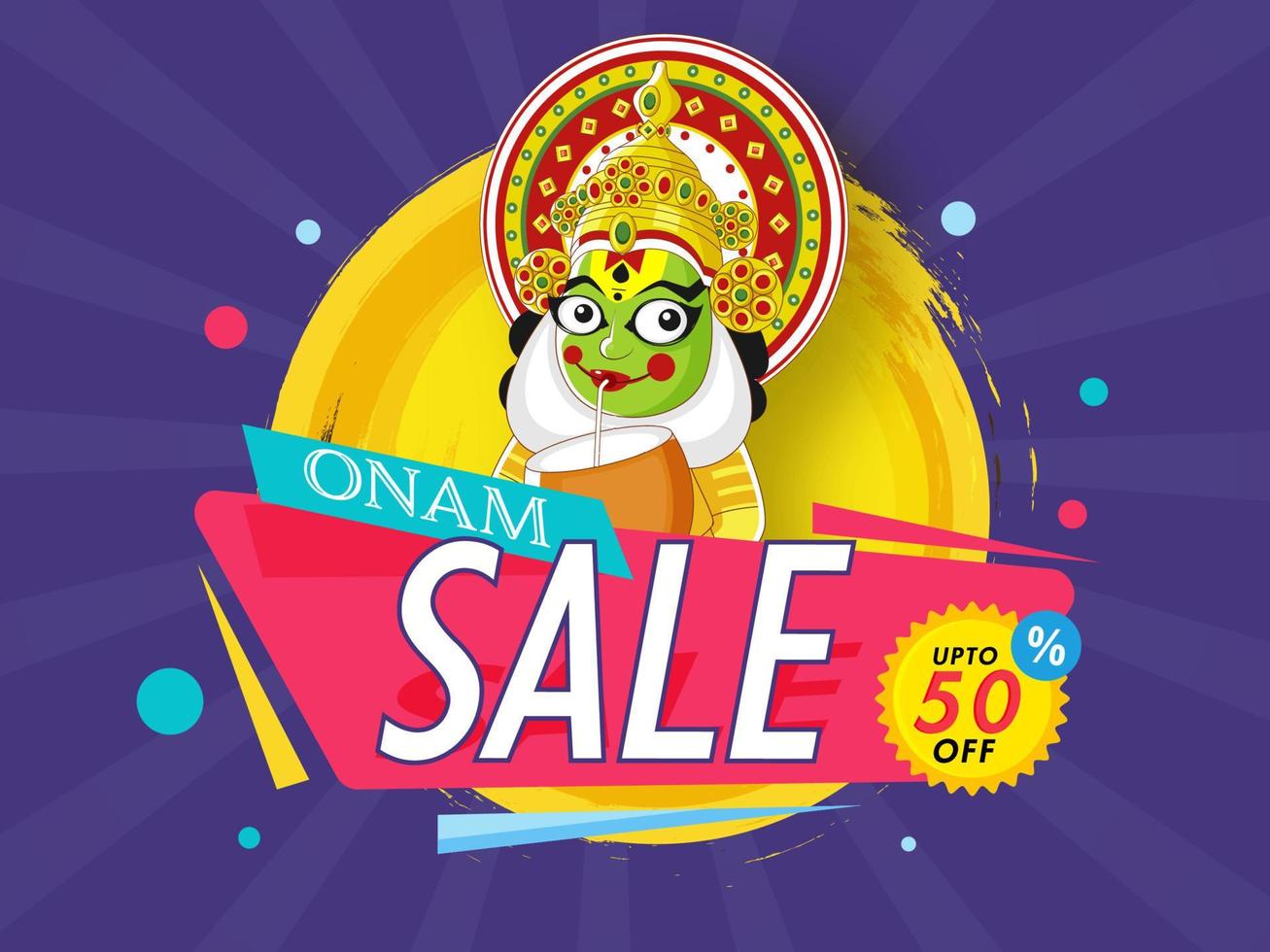 onam rebaja póster diseño con descuento oferta, Kathakali bailarín Bebiendo Coco agua y amarillo cepillo carrera en Violeta rayos antecedentes. vector