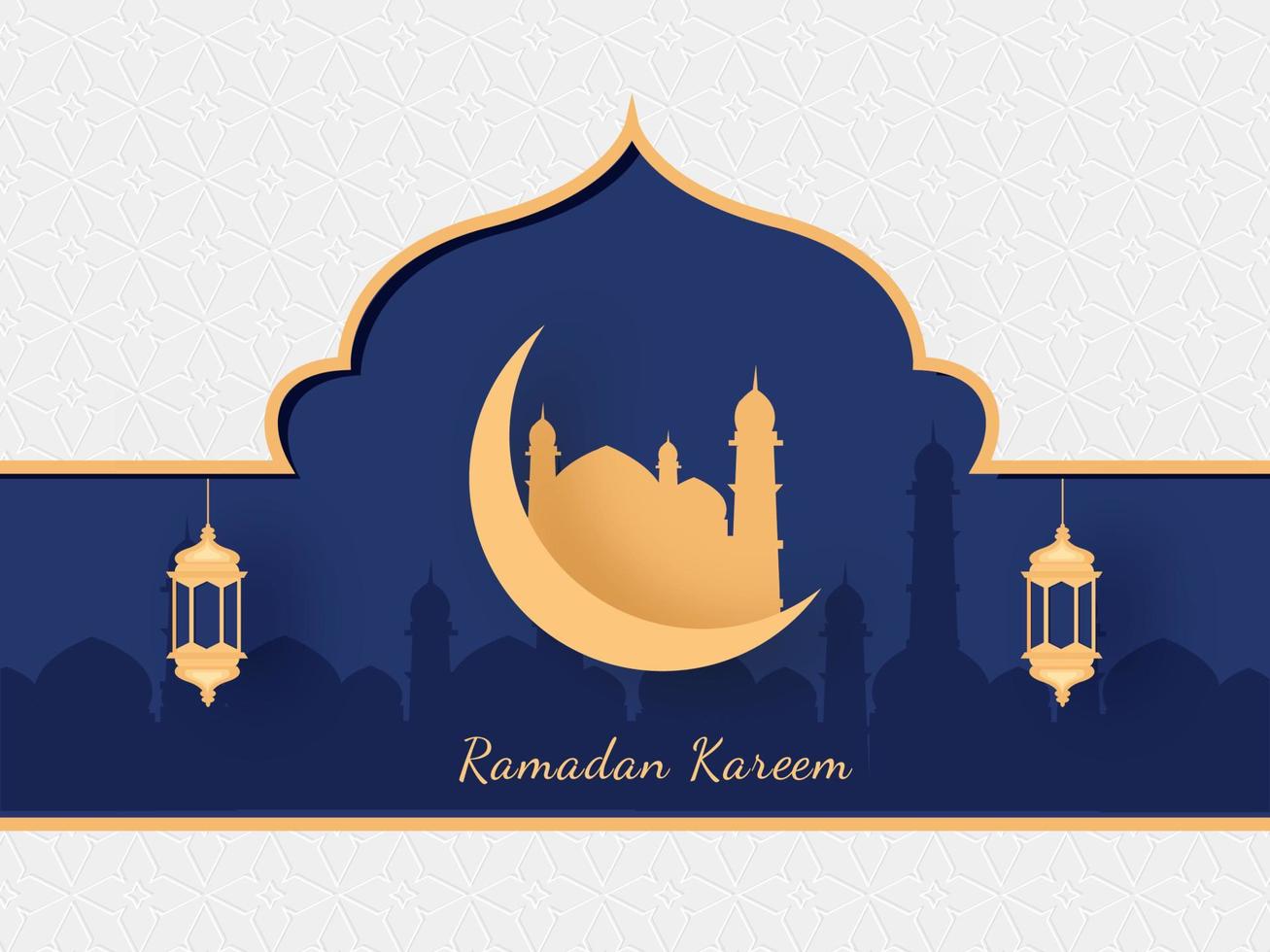 Islamic Holy Month of Ramadan Kareem with Golden Mosque, Crescent Moon and Hanging Lanterns on Mosque Silhouette on Purple and White Background. vector