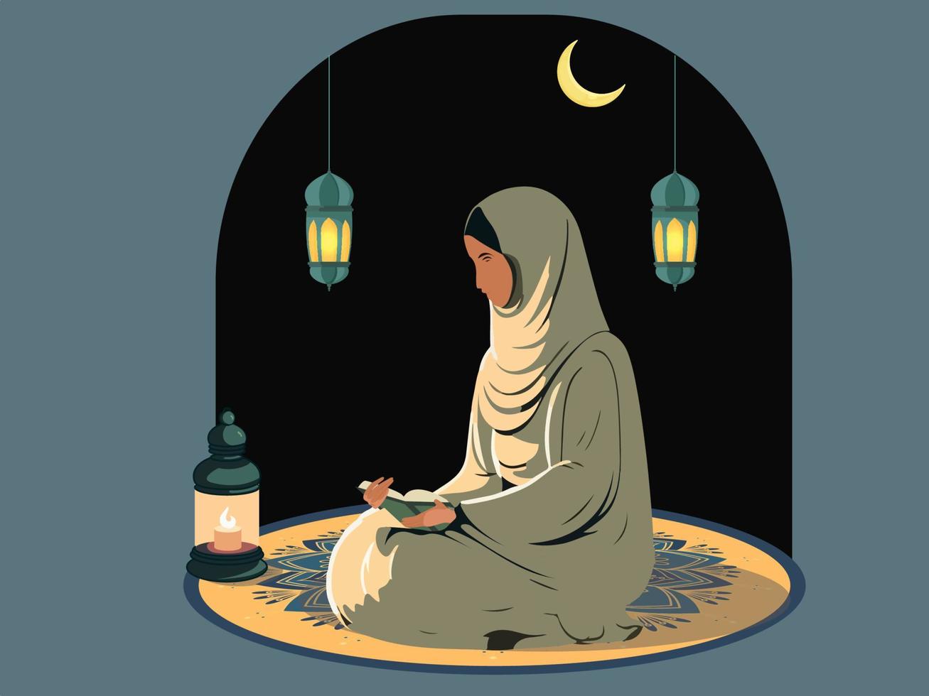 Muslim Woman Character Reading Holy Book At Round Rug And Illuminated Arabic Lamps, Crescent Moon On Black And Slate Blue Background. vector