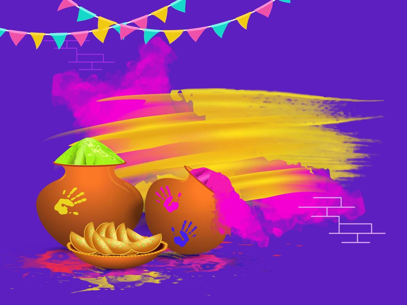 Illustration of Dry Color in Mud Pots with Indian Sweet, Yellow and Pink Color Splash on Purple Background for Holi Celebration. vector