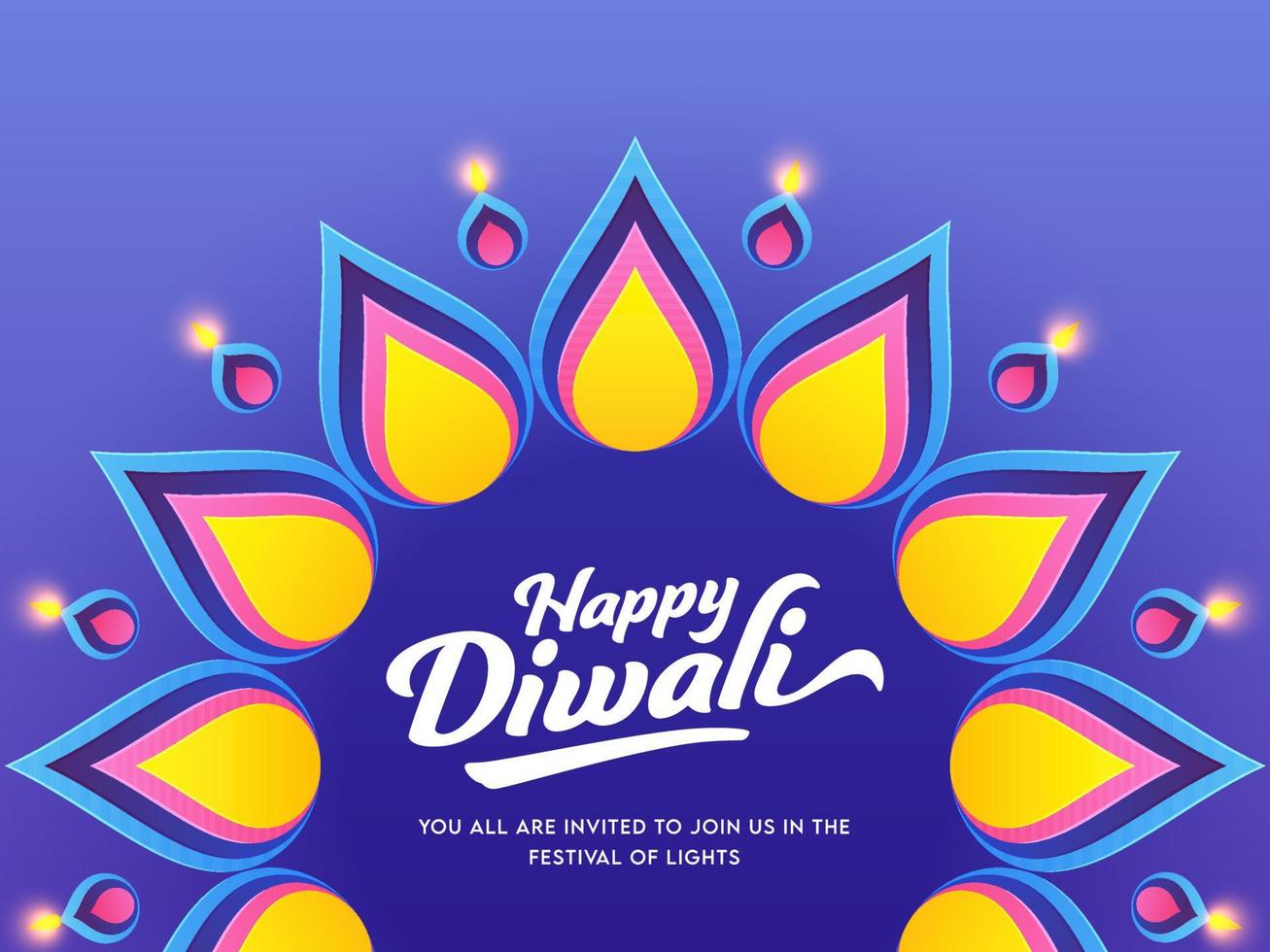 Happy Diwali Font with Rangoli Decorated From Lit Oil Lamps on Blue Background. vector