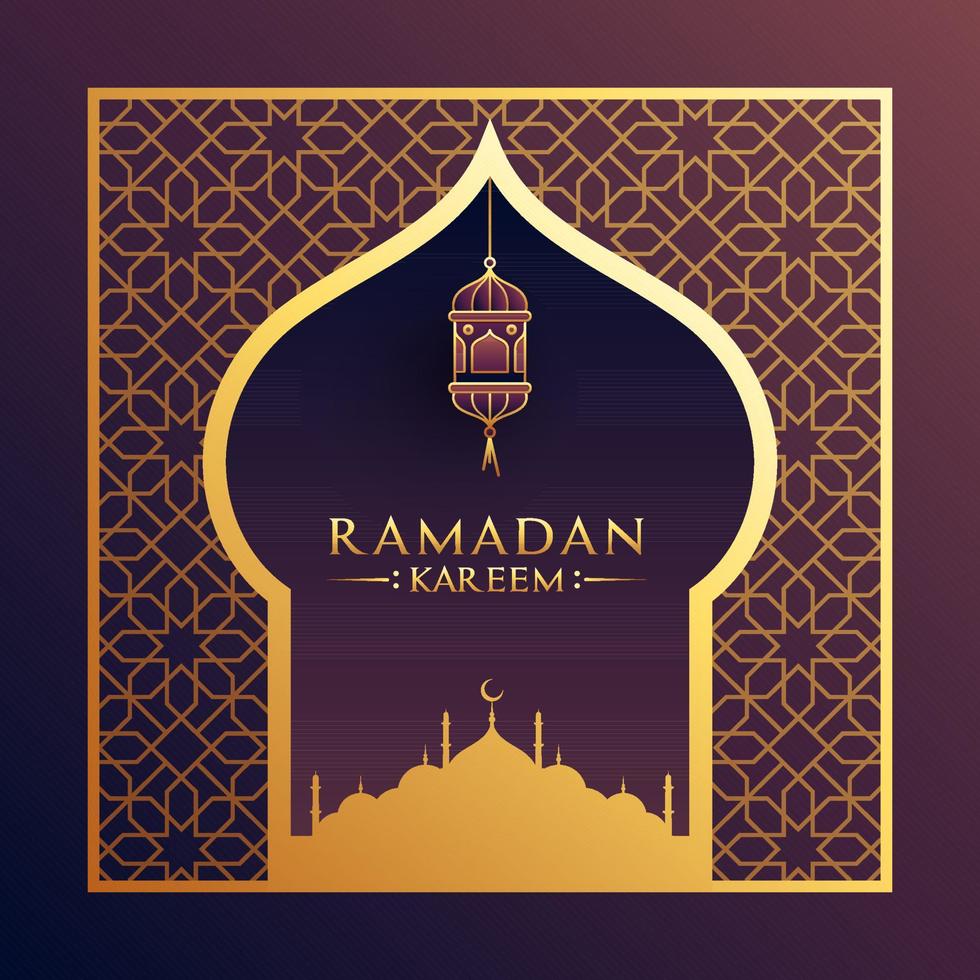 Islamic Holy Month of Ramadan with Golden Mosque, and Hanging Lantern on Arabic Pattern Background. vector