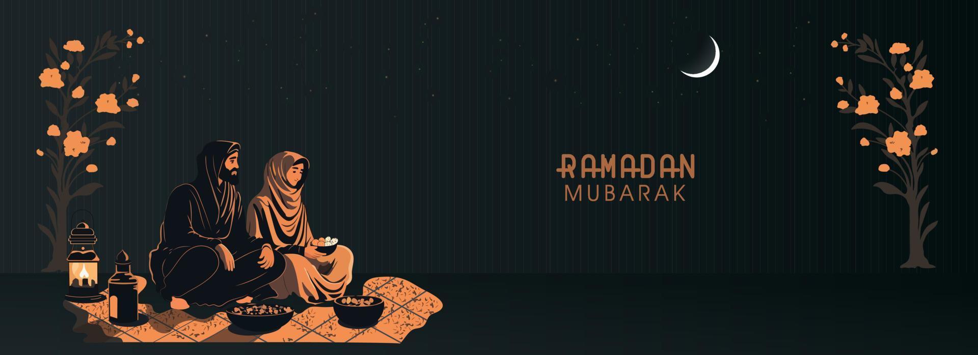 Ramadán Mubarak bandera diseño con musulmán Pareja personaje disfrutando delicioso comida en creciente Luna noche antecedentes. vector