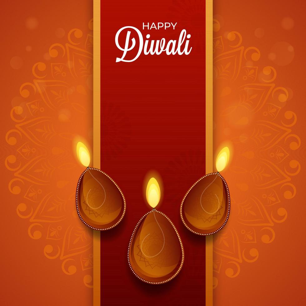 Happy Diwali Font with Top View of Lit Oil Lamps on Dark Red Stripe and Orange Background. vector