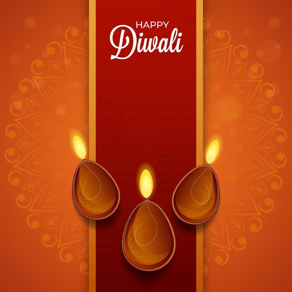 contento diwali fuente con parte superior ver de iluminado petróleo lamparas en oscuro rojo raya y naranja antecedentes. vector