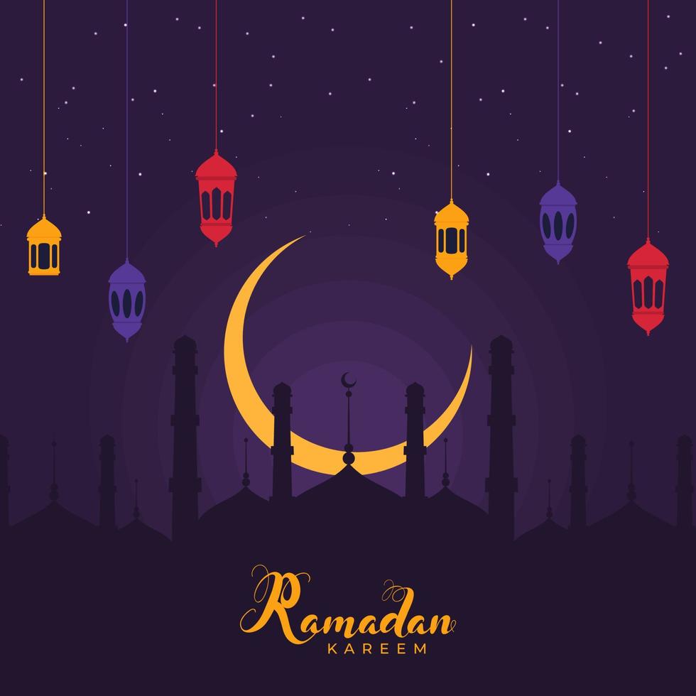Islamic Holy Month of Ramadan Kareem Concept with Hanging Colorful Lanterns, Golden Crescent Moon, and Mosque Silhouette on Purple Background. vector