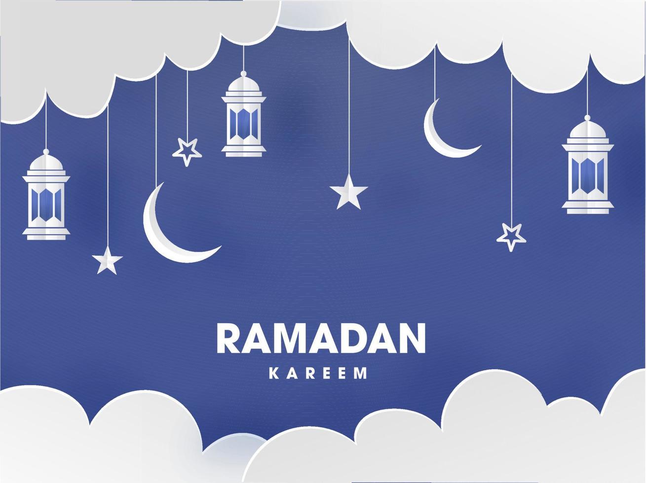 Islamic Holy Month of Ramadan Kareem with Hanging Lanterns, Crescent Moon, Clouds on Purple Background. vector