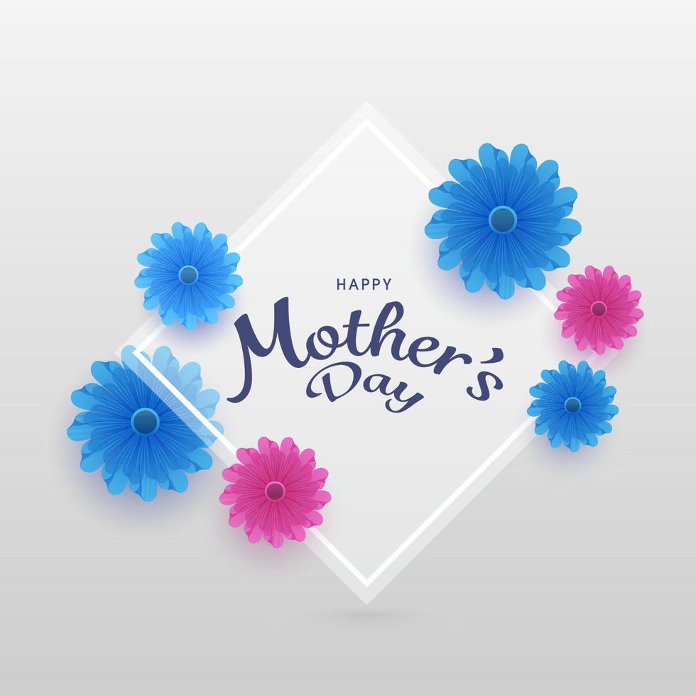 elegante texto contento de la madre día decorado con rosado y azul flores en blanco antecedentes. vector