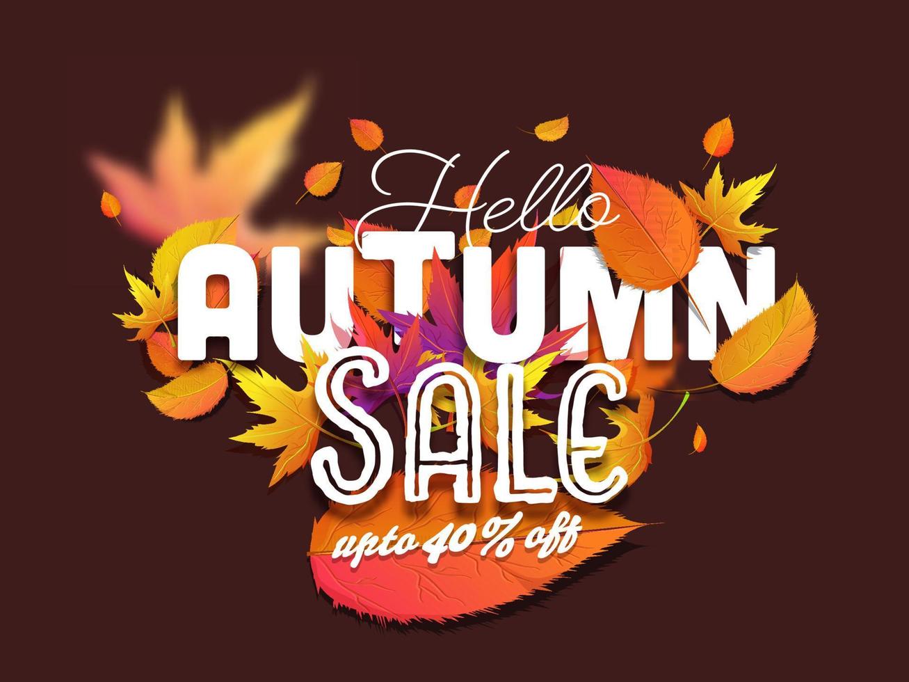 Hello Autumn Sale Text Decorated With Leaves And Discount Offer On Brown Background For Advertising Concept. vector