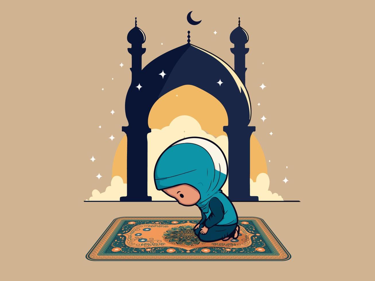 musulmán niña ofrecimiento namaz a estera y mezquita ilustración en marrón antecedentes con Copiar espacio. vector