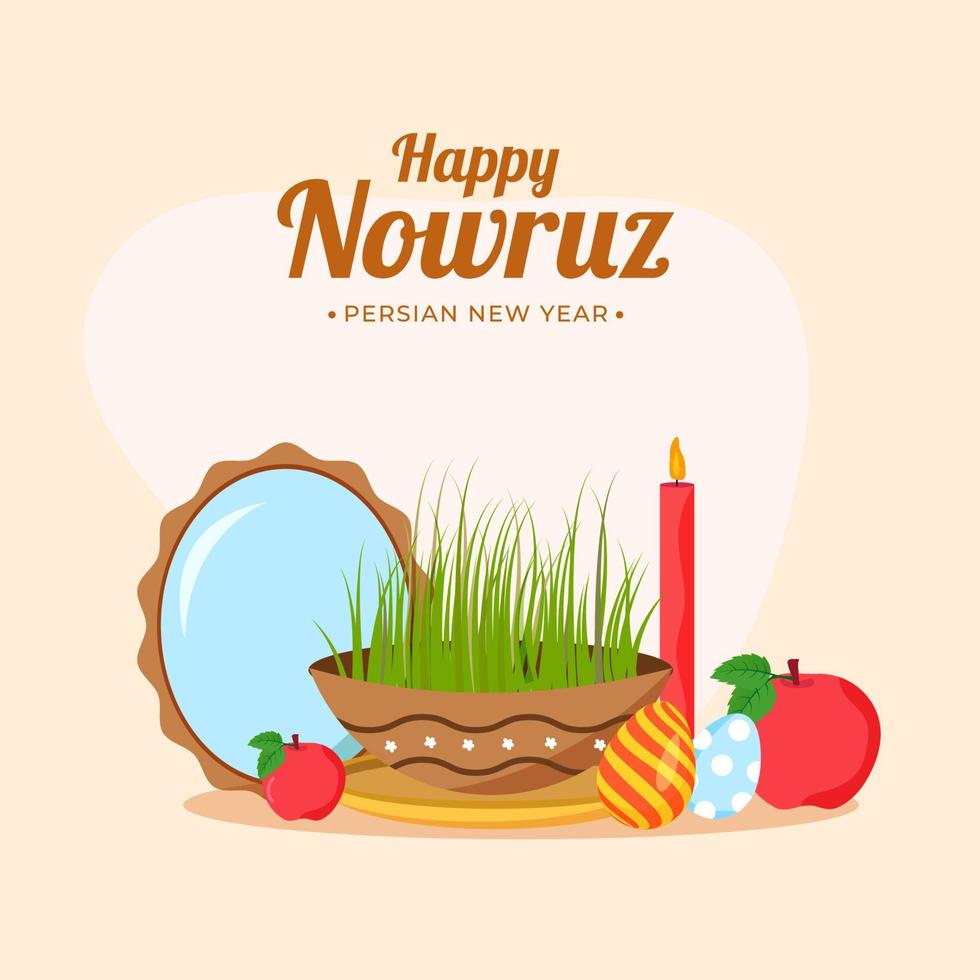 Illustration of Semeni with Oval Mirror, Eggs, Apples and Illuminated Candle on Pastel Peach Background for Happy Nowruz, Persian New Year Celebration. vector