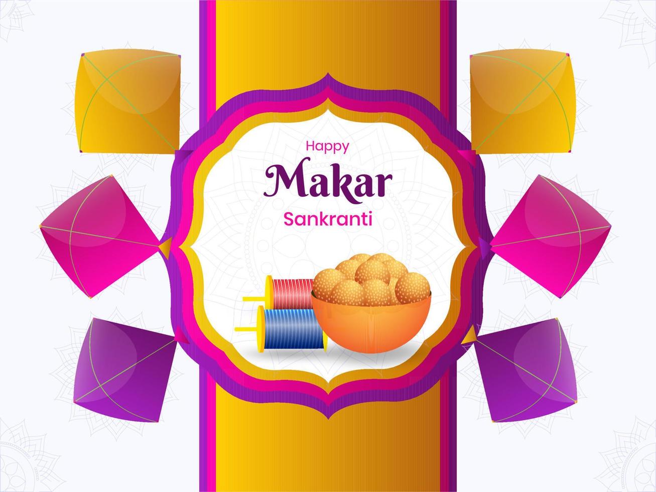 contento makar sankranti póster diseño con indio dulce bol, cuerda carretes y vistoso cometas decorado antecedentes. vector