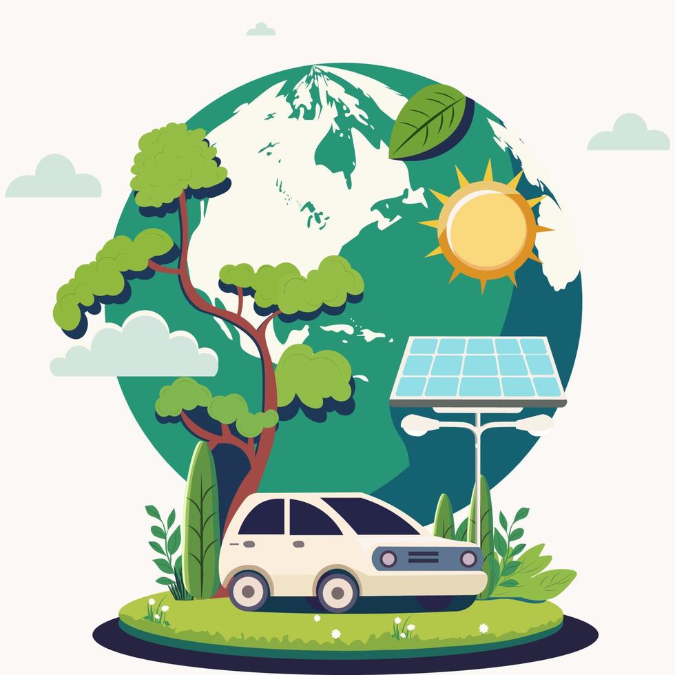 ecosistema o tierra día concepto con eléctrico auto, solar panel pararse, calle lámparas, sol, tierra globo en naturaleza antecedentes. vector