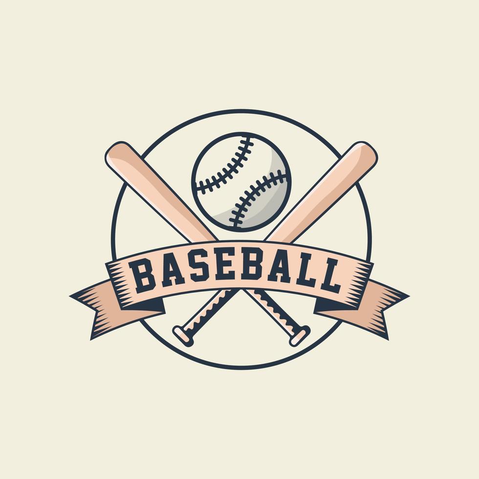 Illustration of a baseball club emblem. Circle, bats, baseball and text with Ribbon. Vector illustration on a sports theme. Baseball vintage Badge Logo