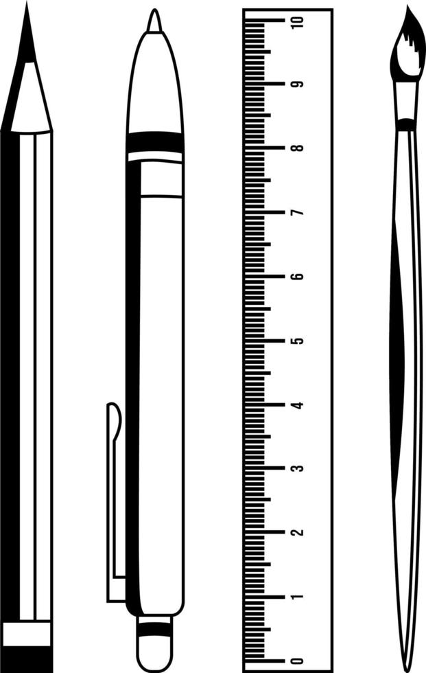 Black lineart style stationery set of pen pencil ruler and brush isolated on white background vector