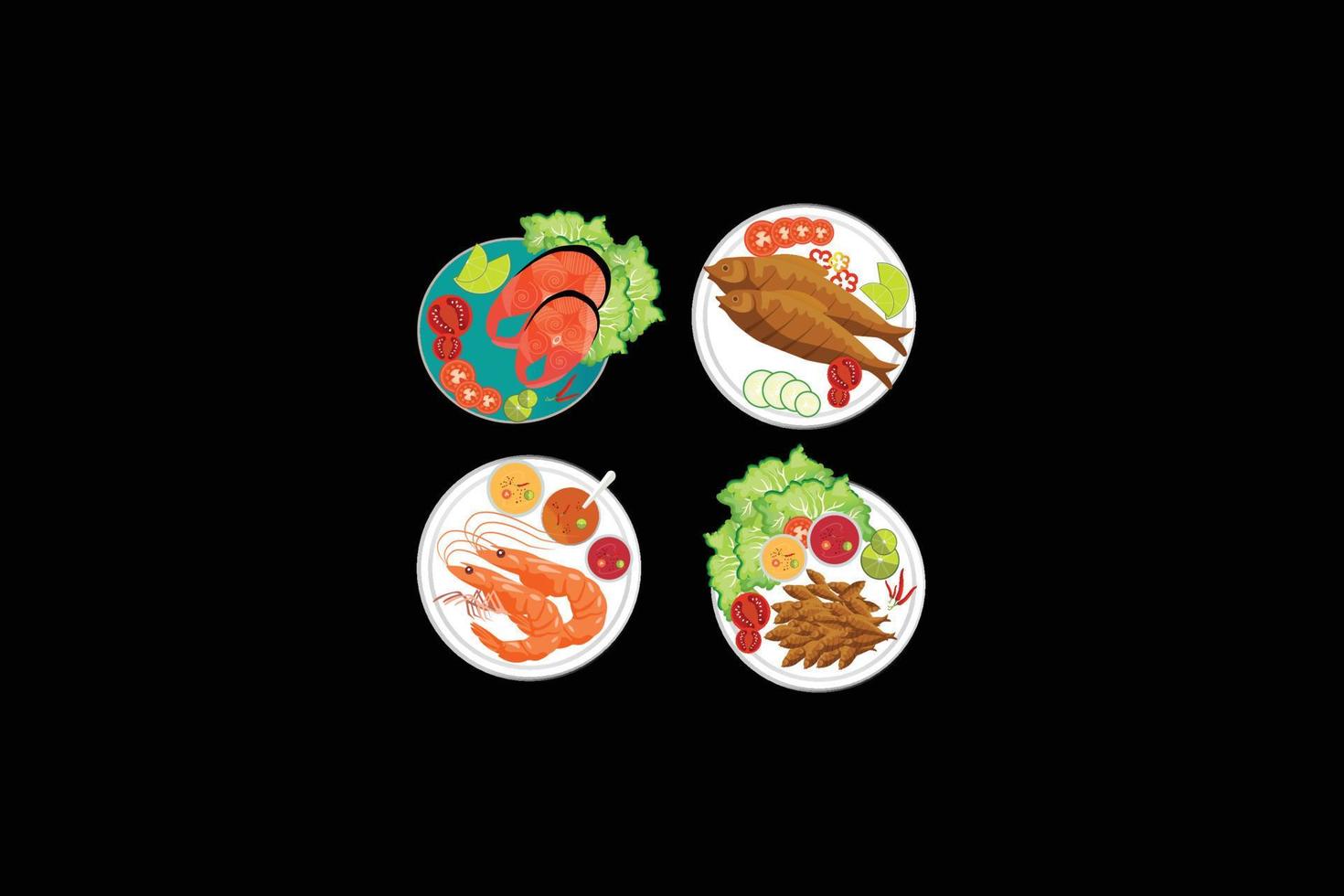 set of isolated seafood flat icons illustration vector