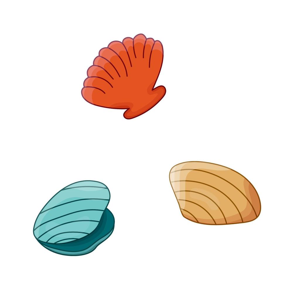 Set seashell vector Illustration with air bubble. Cartoon shell Isolated on white. Sea life nature.