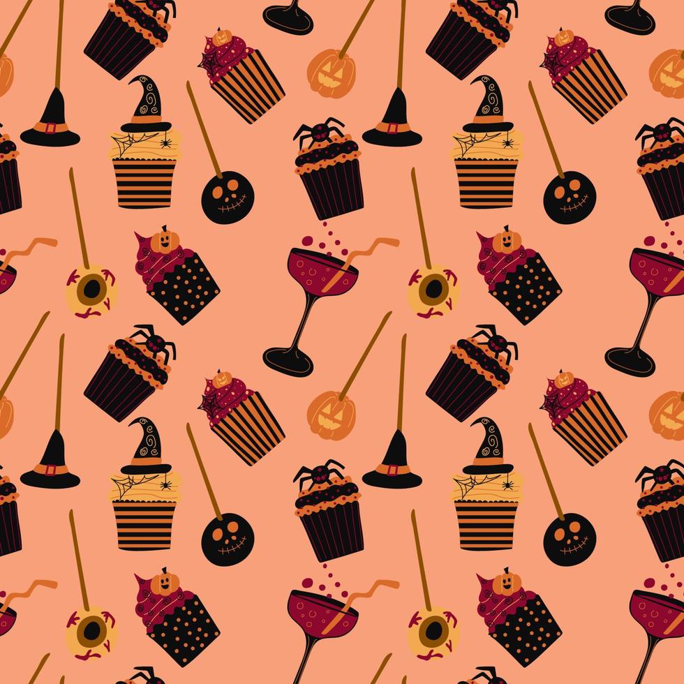 Halloween sweets pattern.Vector candies with halloween elements and ornaments. Many types spooky dessert. Colorful treats background. Hand drawn realistic delicious,candy corn, pumpkins, eyeballs. vector