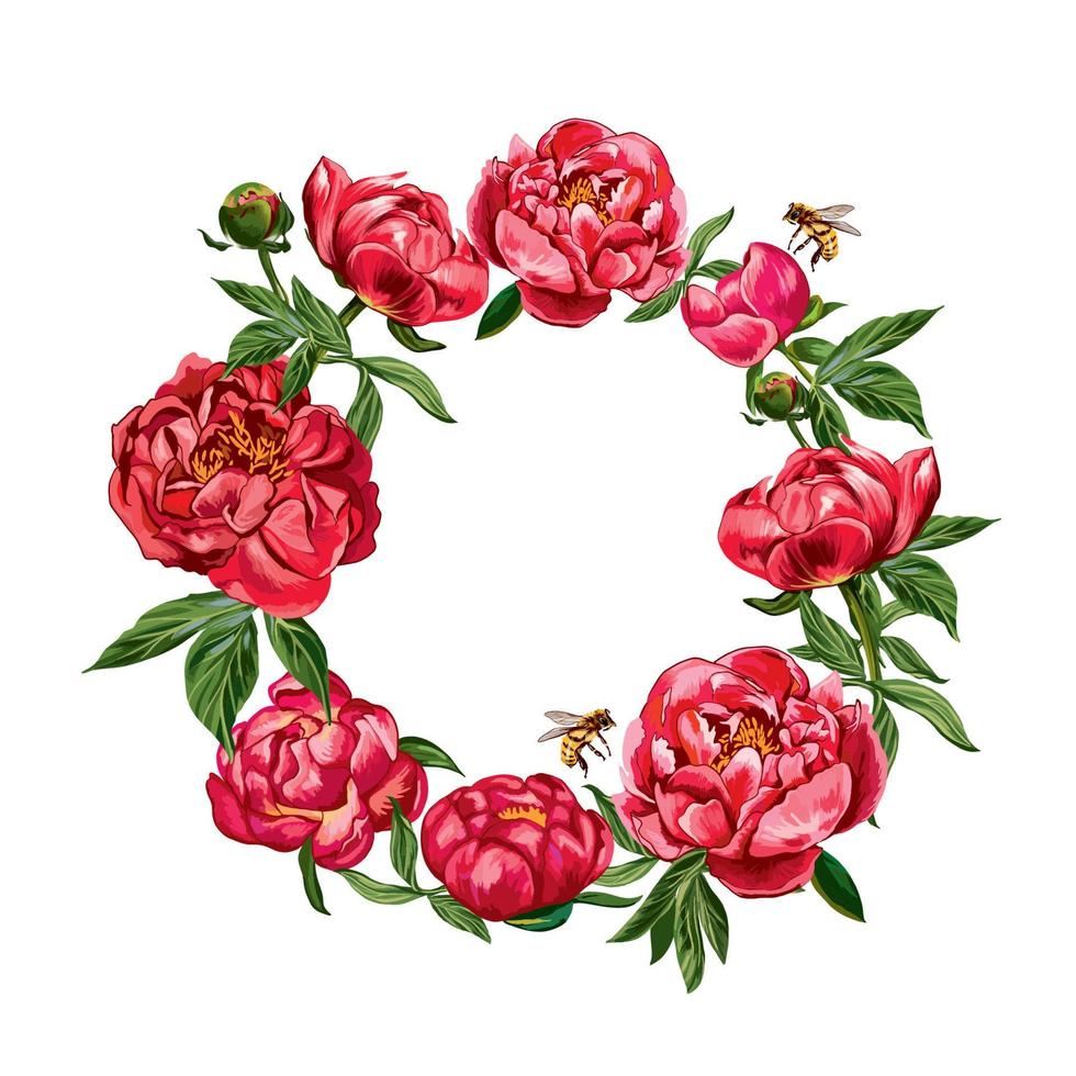 Vector red peonies with buds and leaves. Elegant floral wreath. Vector illustration for labels, corporate identity, wedding invitation. Greeting card design. Wedding banner design.