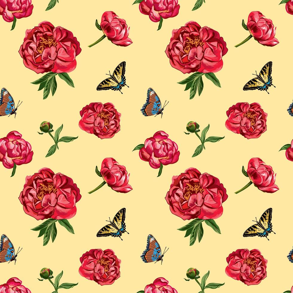 Vector pattern of red peony flowers and butterflies. Seamless pattern on a beige background. Design for wallpaper, fabric, wrapping paper, cover and more.