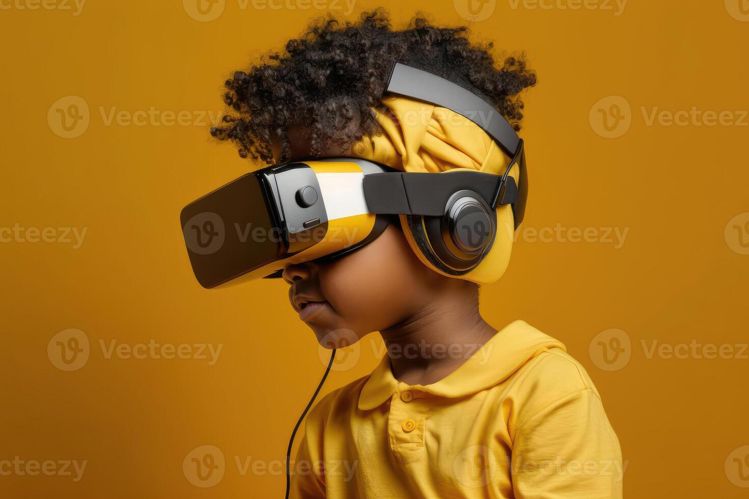 niño vistiendo vr lentes y errante en el imaginación. ai generado. foto