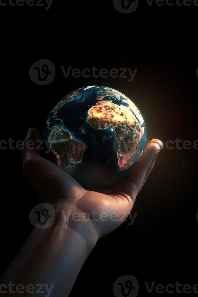 Hand holding the Earth planet. Earth day concept . . photo