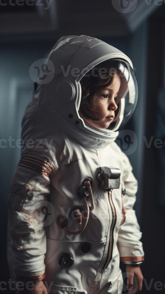 Little kid wearing spacesuit. Cosmonaut concept. . photo