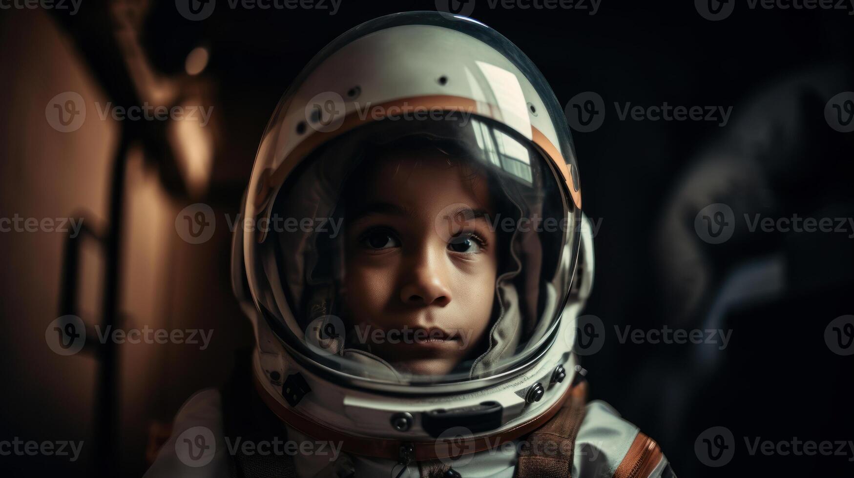 Little kid wearing spacesuit. Cosmonaut concept. . photo