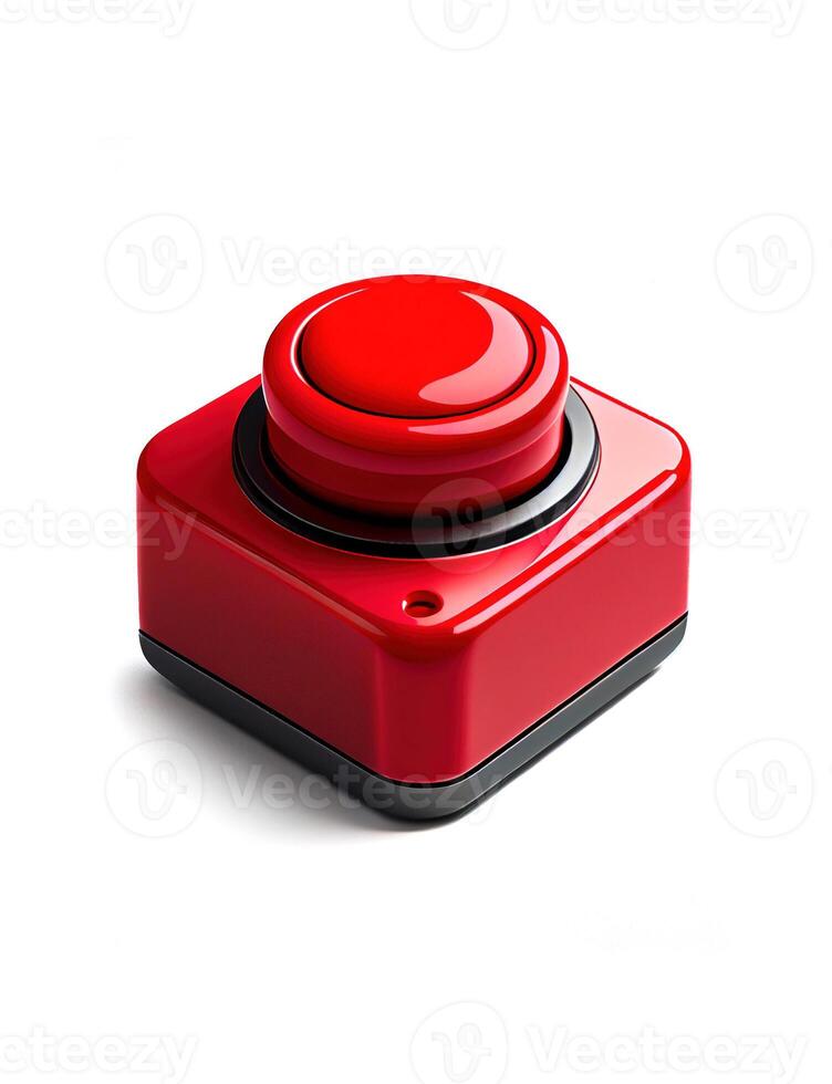 Red panic button on white background, created with photo