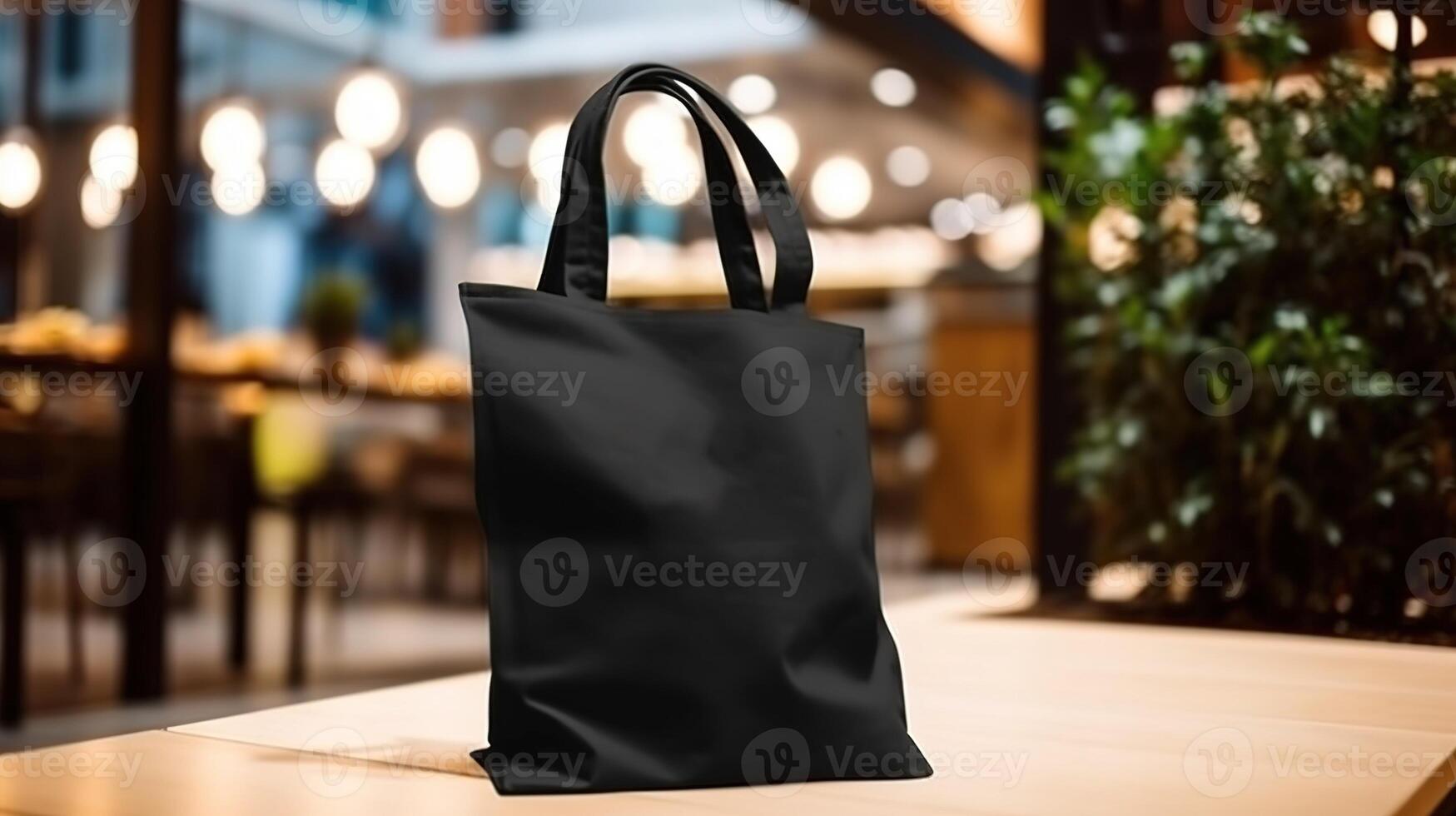 , Realistic black tote canvas fabric bag set-up in at interior or outdoor, shopper mock up blank. photo